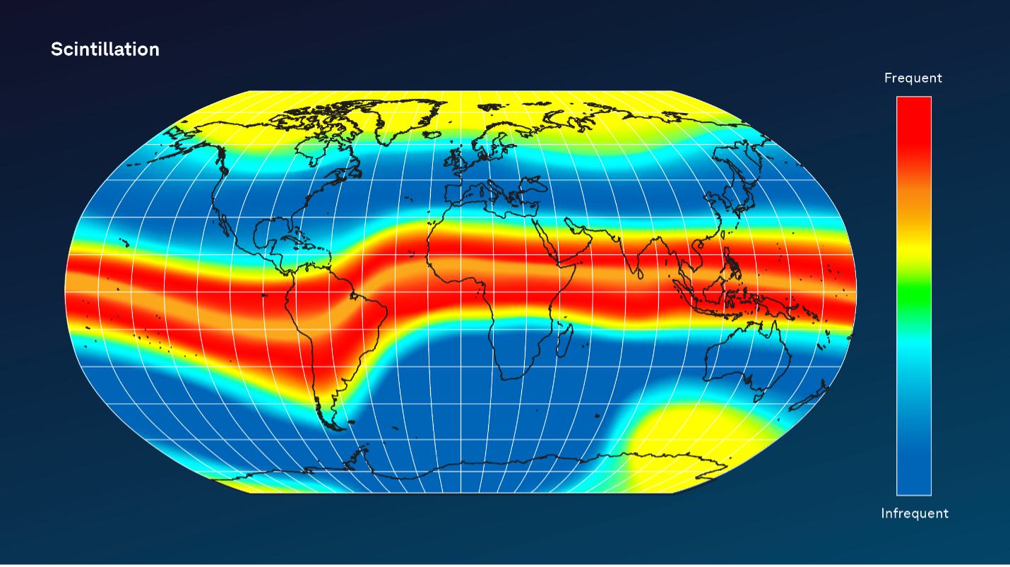 Scintillation map showing the frequency of disturbances at solar maximum.